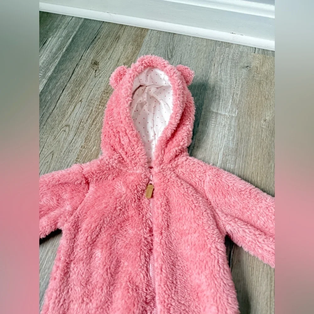 Carters Fleece Hooded Bear Bunting Outfit Teddy Pink One Piece Baby Size 3 6 Mos